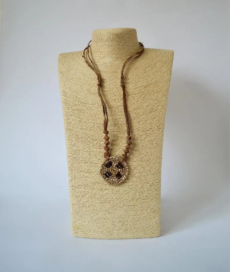 African necklace from natural leather and palm straw