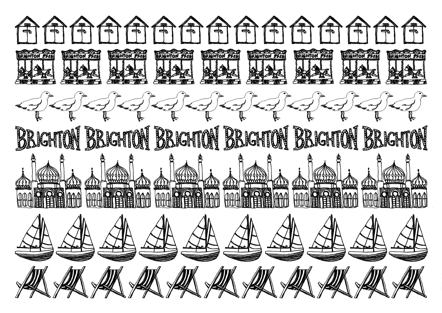 Brighton black and white illustrated beach hut blank greeting card