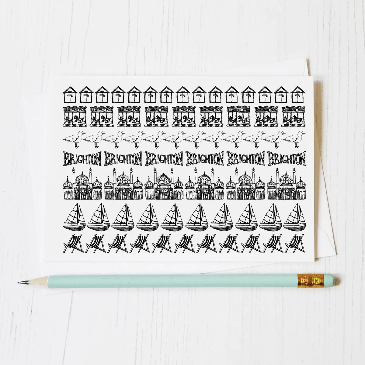 Brighton black and white illustrated beach hut blank greeting card