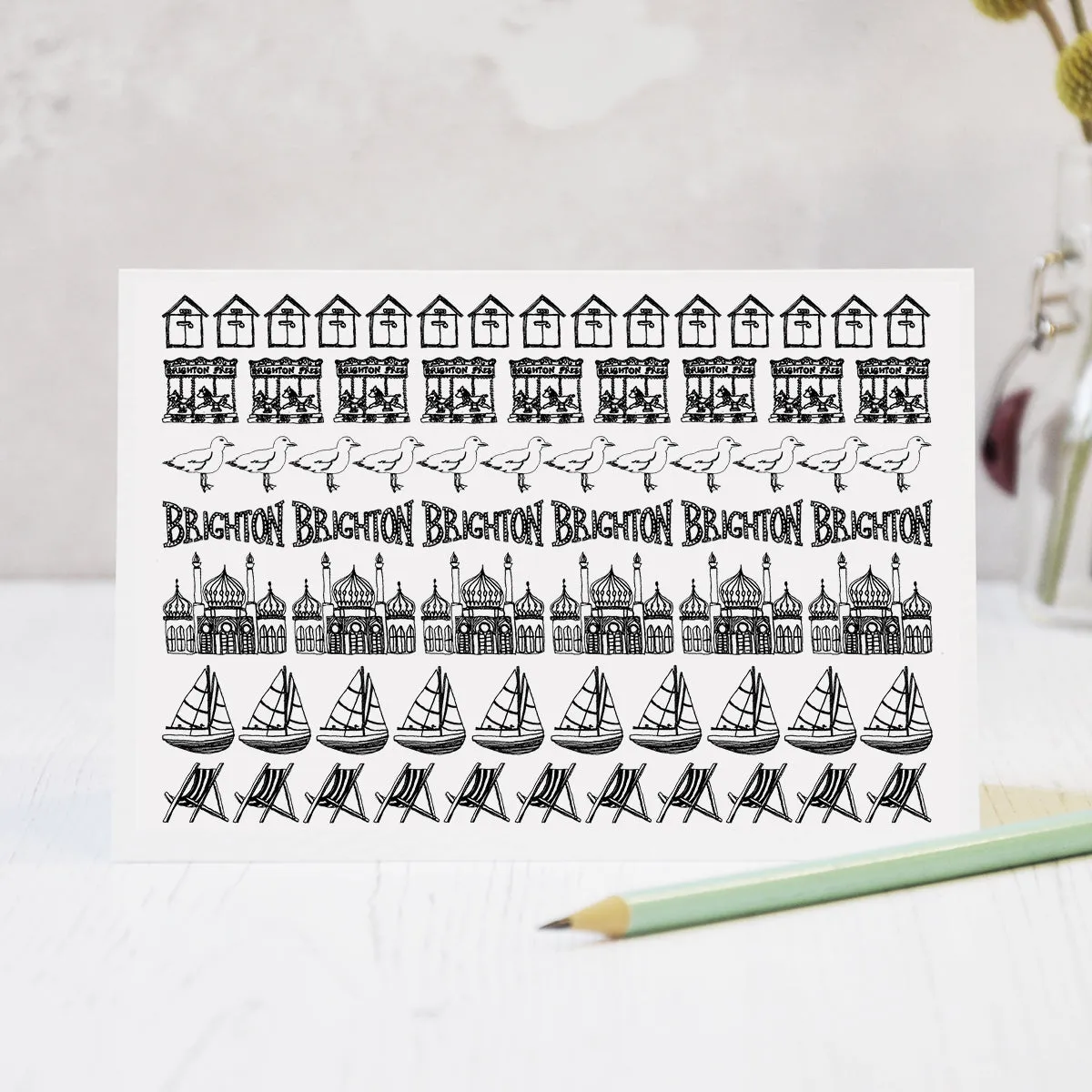 Brighton black and white illustrated beach hut blank greeting card