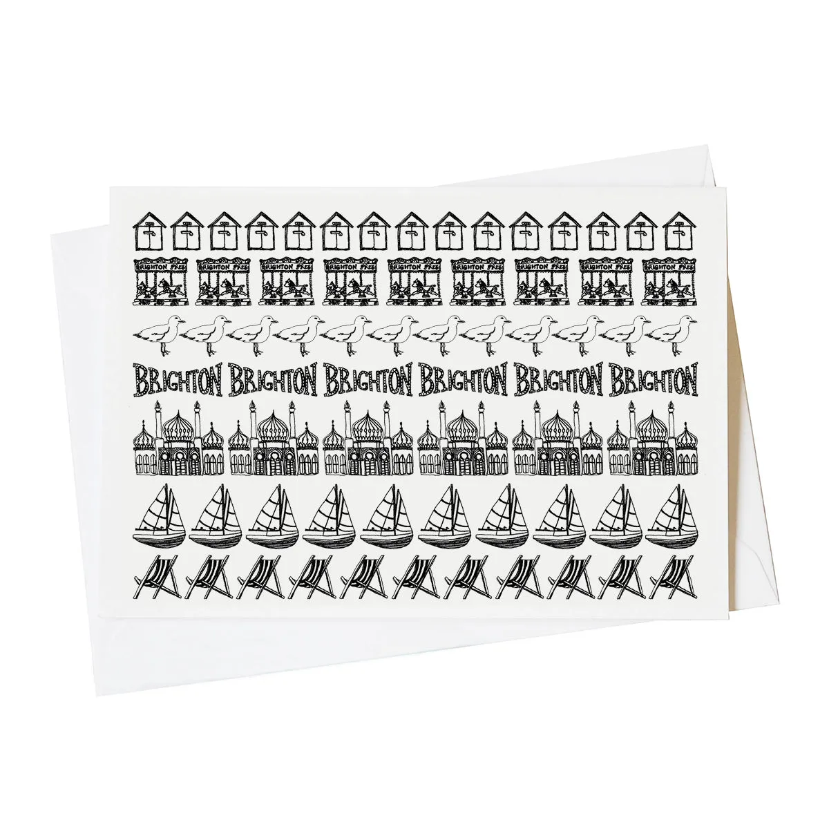 Brighton black and white illustrated beach hut blank greeting card