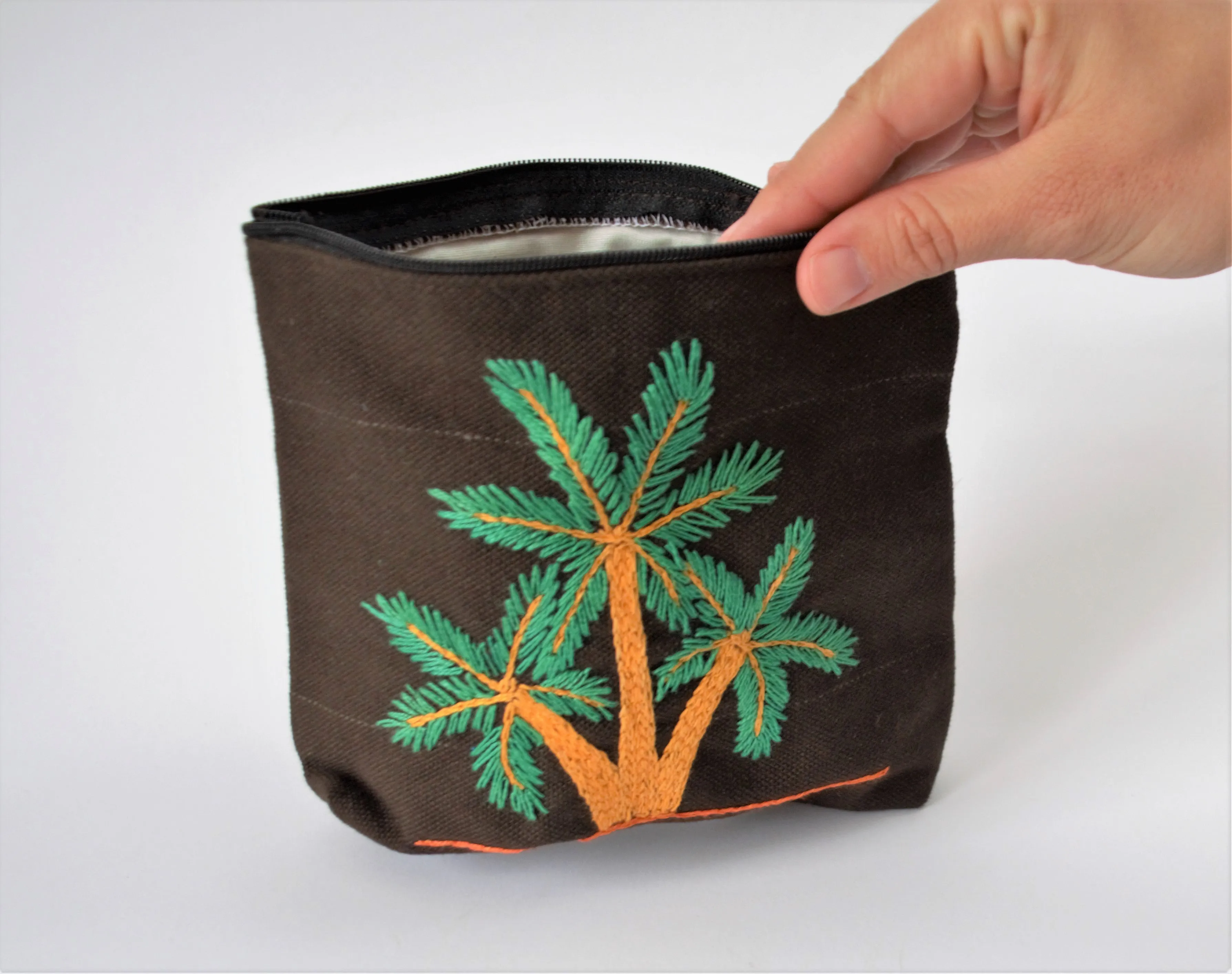 Brown Hand embroidered purse, Palm tree