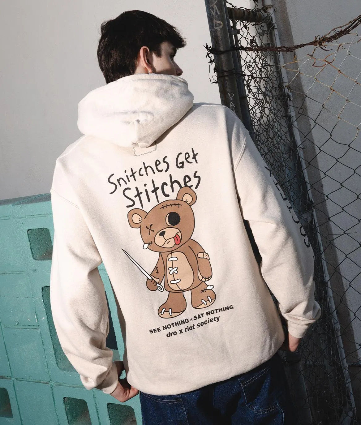 Dro x Riot Society Snitches Get Stitches Mens Hoodie