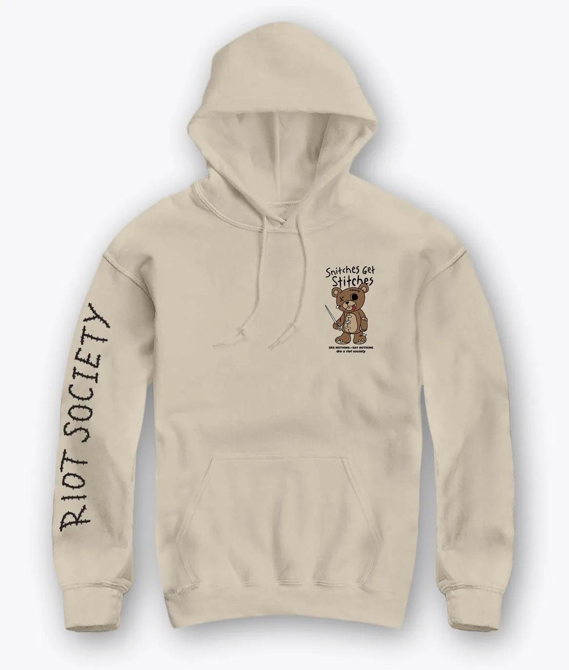 Dro x Riot Society Snitches Get Stitches Mens Hoodie