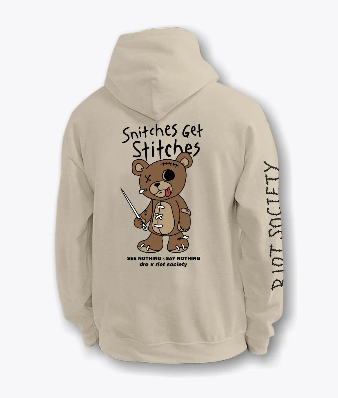 Dro x Riot Society Snitches Get Stitches Mens Hoodie