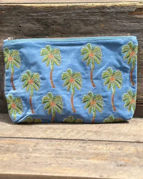 Embroidered Sunset Palm Velvet Everyday Bag - Dusky Blue