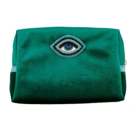 Green make-up bag & turquoise eye pin - recycled velvet