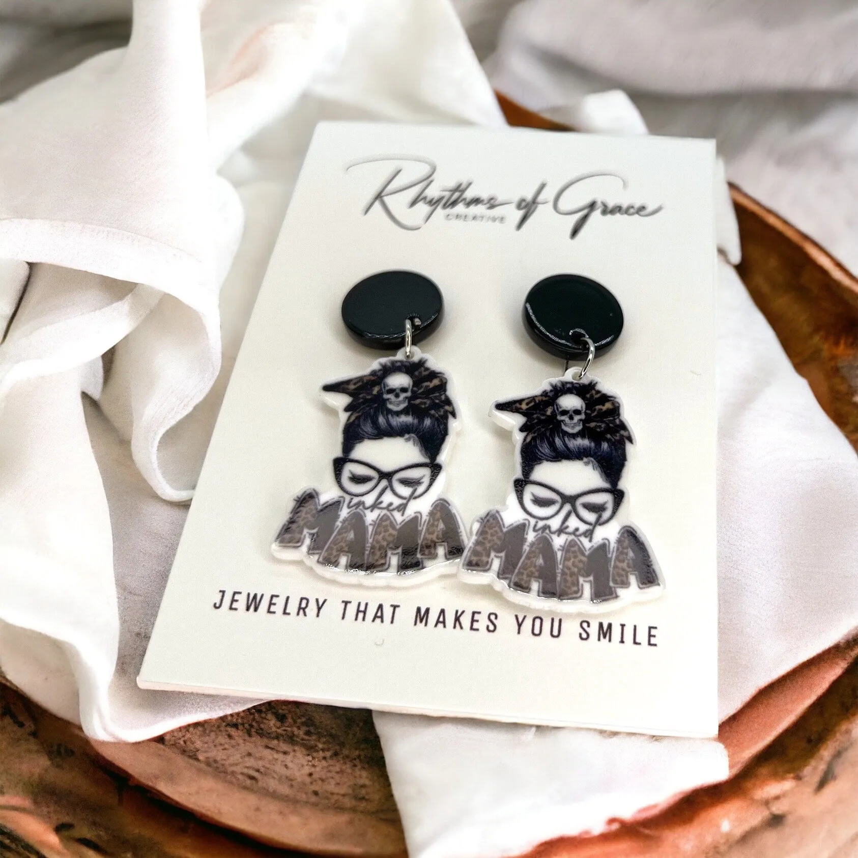 Inked Mama Earrings - Handmade Earrings, Baby Shower, New Mom, Mother’s Day, Mom Earrings, Momma Earrings, Tatted Mom, Messy Bun, Tattoo