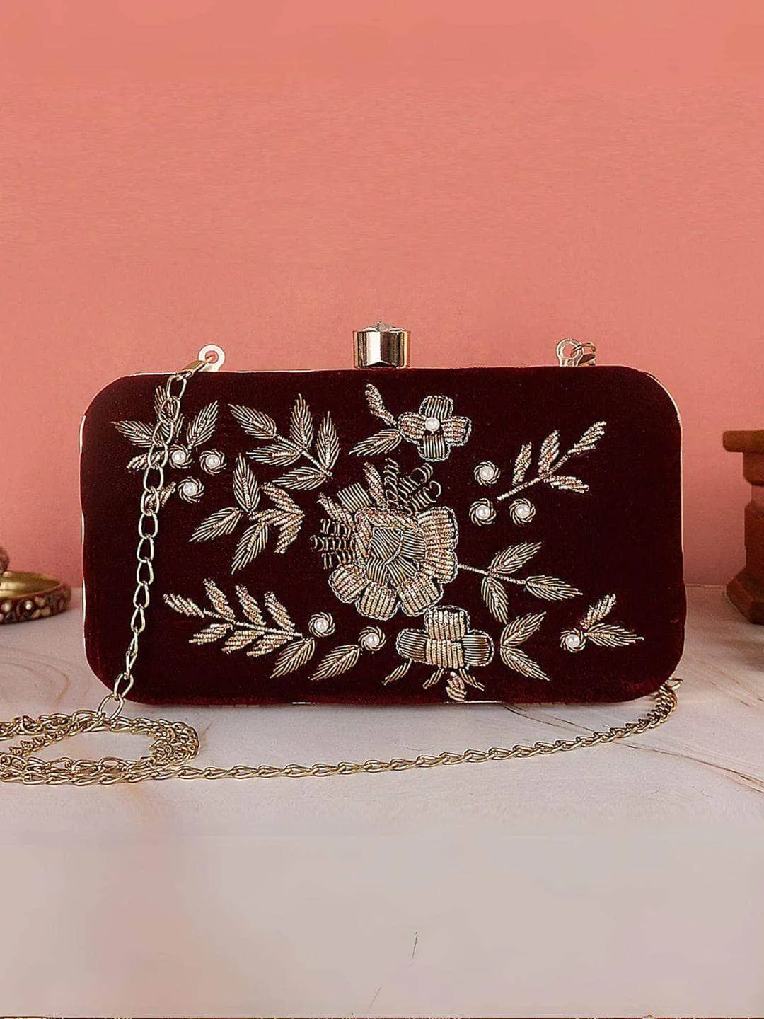 Maroon Dabka Leaf Hand Embroidered Clutch