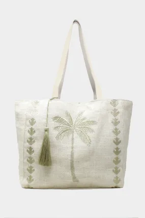 Palm Tree Jute Beach Bag | White/Light Gold