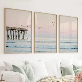 Pink Ocean Sunset Triptych. Wooden Pier, Waves, Seagulls