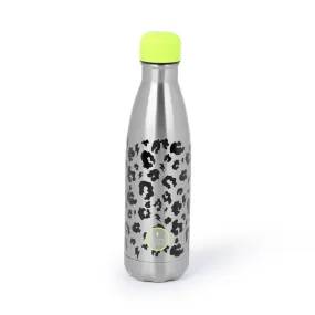 SUPERCHARGED WATER BOTTLE SILVER WITH BLACK LEOPARD AND LIGHTNING BOLT PRINT