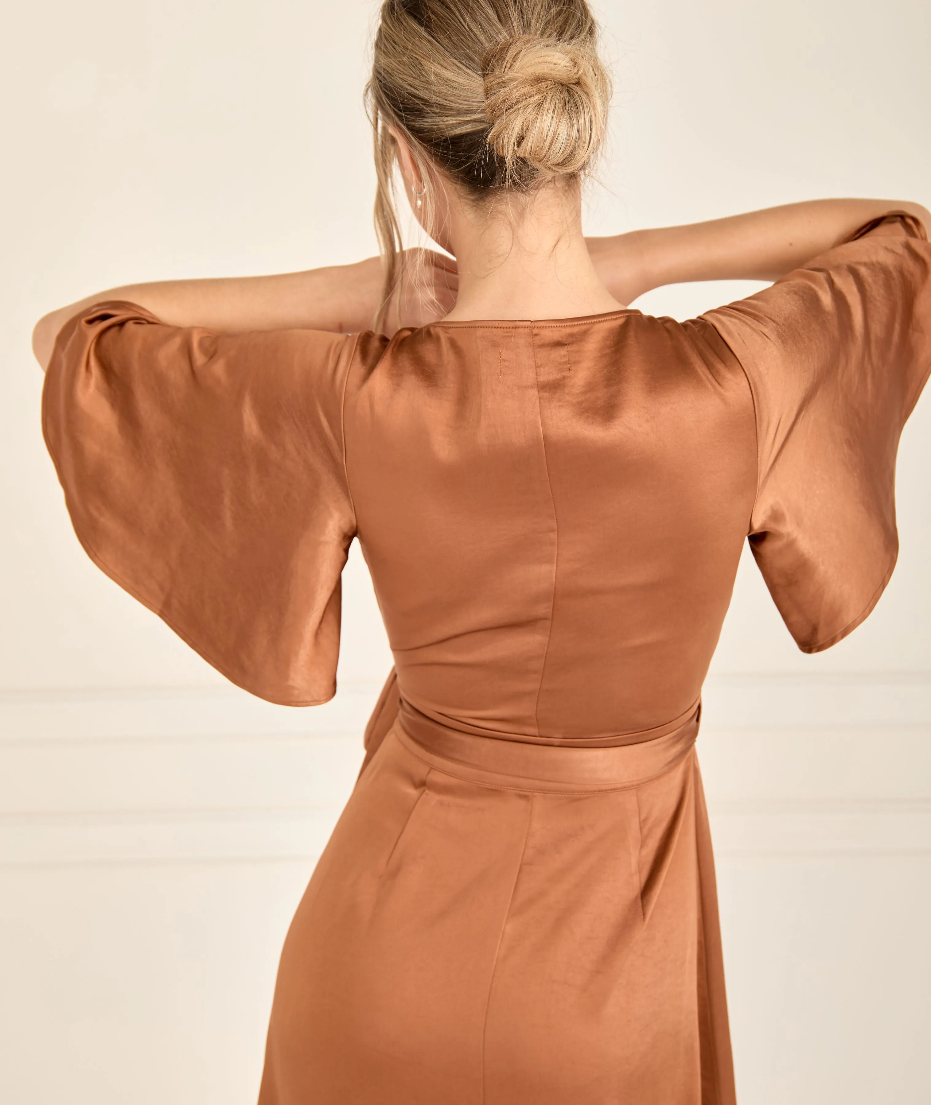 Wrap Tie Satin Bridesmaid Dress - Rust