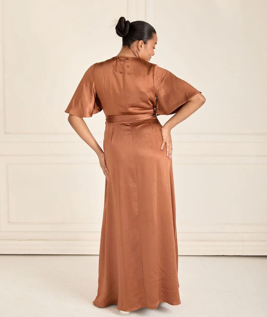 Wrap Tie Satin Bridesmaid Dress - Rust