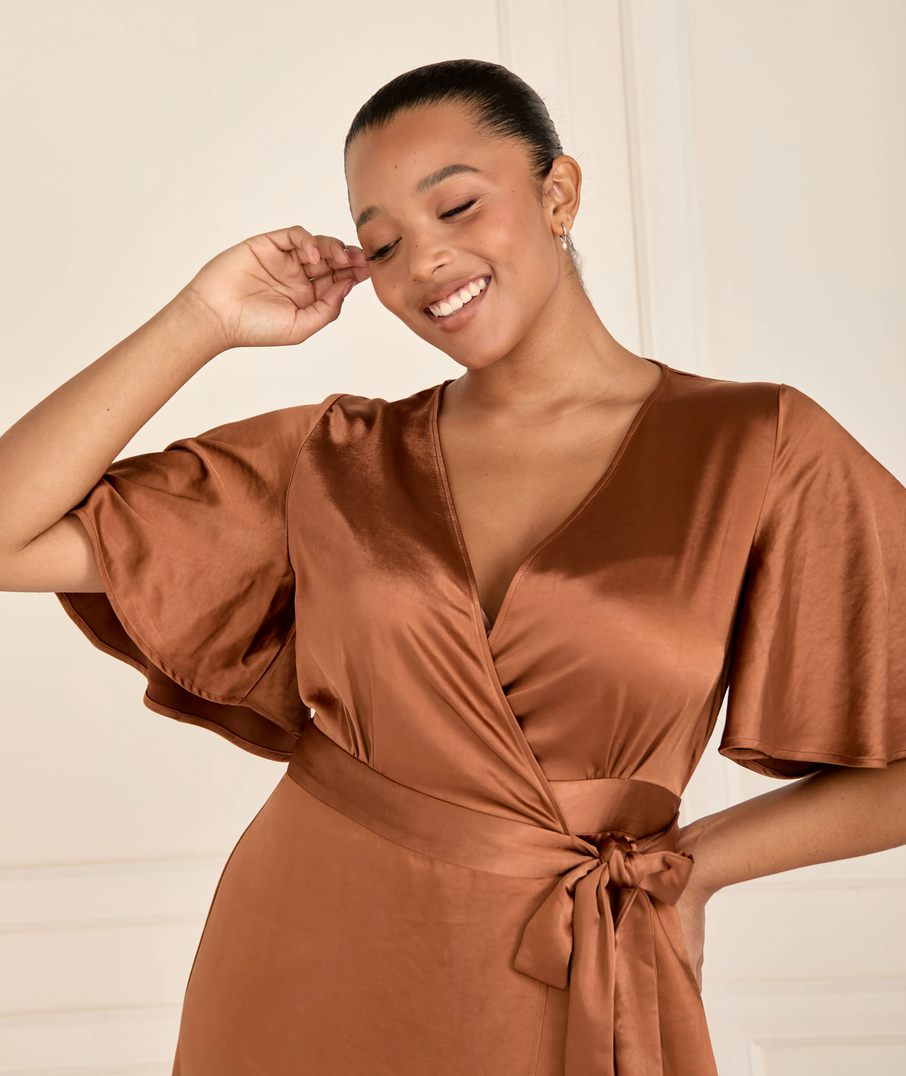 Wrap Tie Satin Bridesmaid Dress - Rust