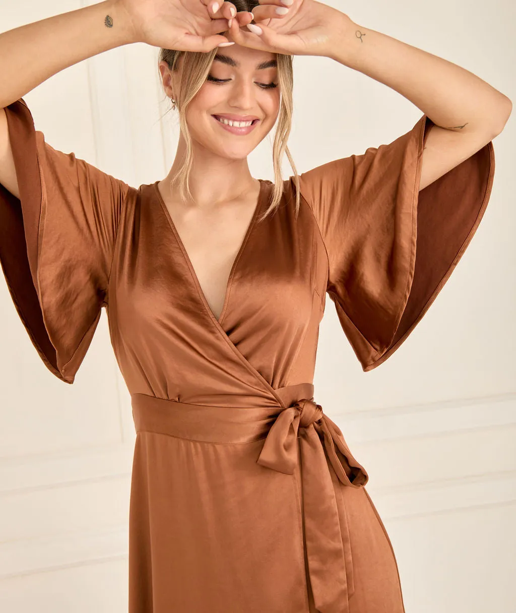 Wrap Tie Satin Bridesmaid Dress - Rust